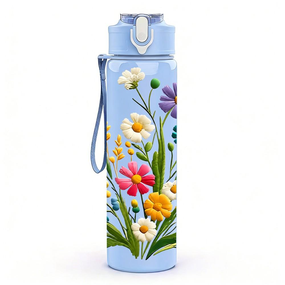 1PC Mixed Wildflower Bouquet Floral Print 750ml Color Plastic Sports Water Bottle Leakproof Flip Straw Lid Suitable for Sports Office Home Use