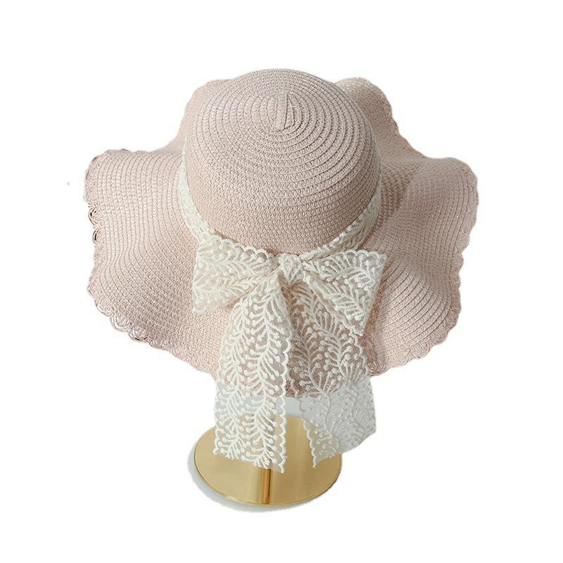 Sweet bucket hat straw hat women's lace bow big brim foldable sun hat seaside beach