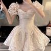 Ezgaga Rochii Femei Floral Gât în ​​V mâneci bufante Moda coreeană Slin Sexy Mini rochie Puffy Ball Gown Fairy Ladies Elegant