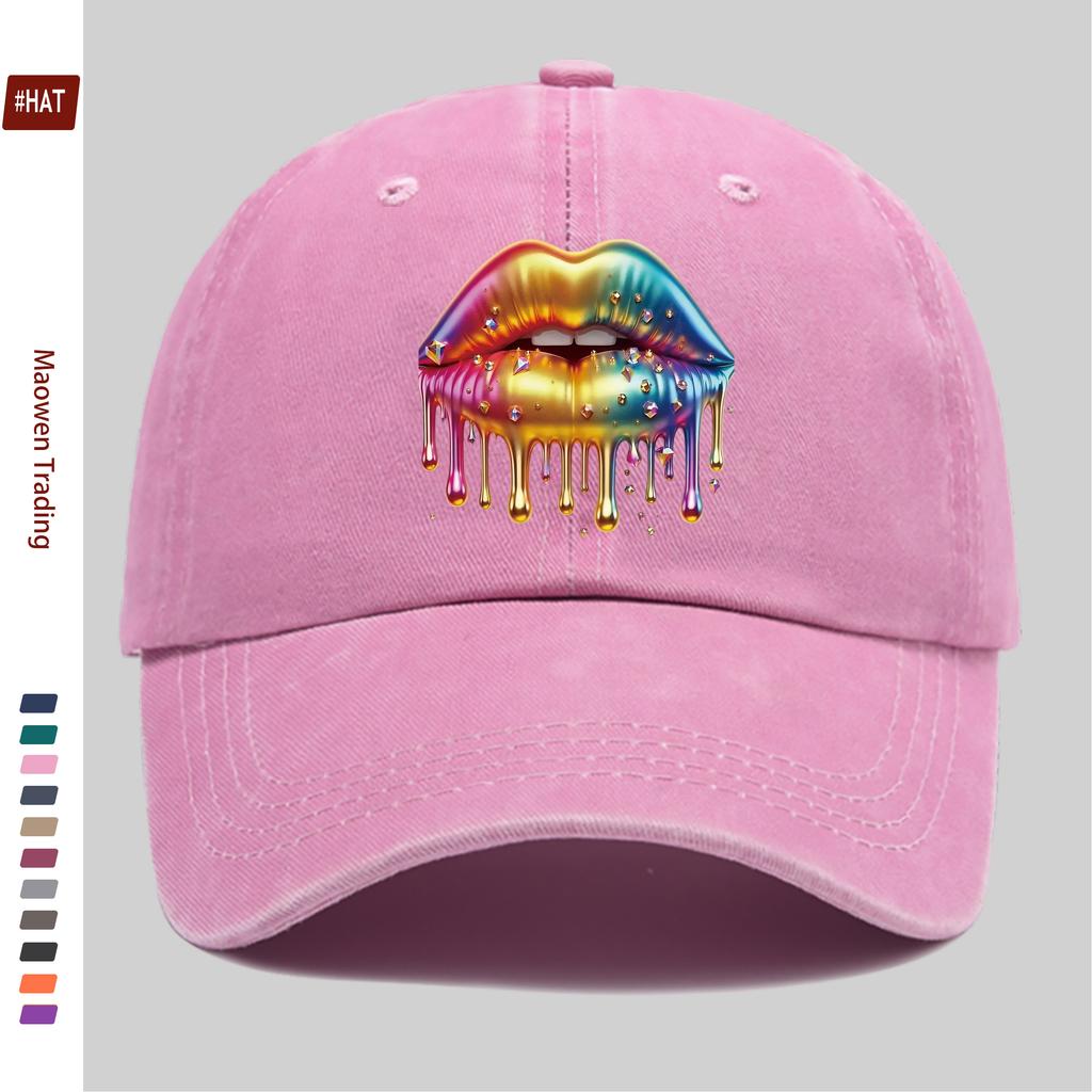 Pc Glossy Rainbow Lip and Sparkling Print Baseball Cap Simple Design Sun Hat Trucker Decorative Hat Adjustable Buckle Strap