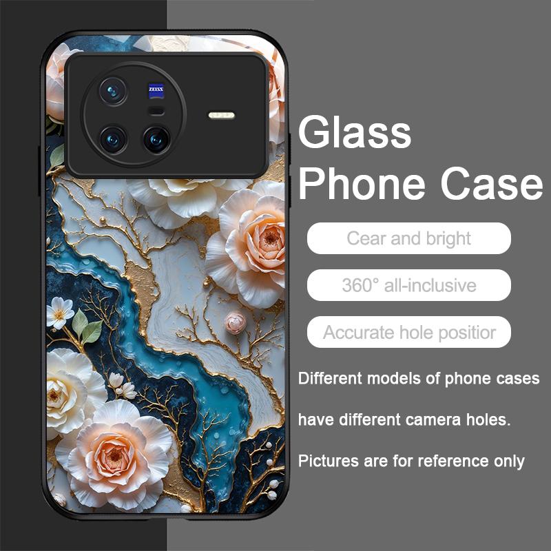 White Camellia Flower Marble Texture Tempered Glass Phone Case for OPPO Reno 13 F 12 11 10 Pro Plus Find X8 X3 Lite A58 5G Cover