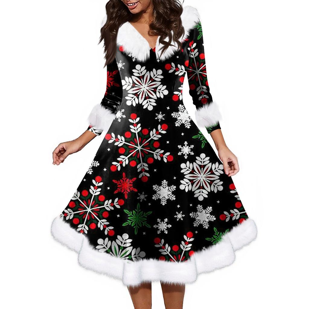 Women's Fashion V-neck Casual Fit Christmas Print Party Long Sleeve Dress