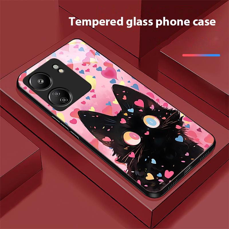 Roztomilý malý černý kočička Pro Xiaomi Redmi 13C Note13 12 Pro Plus 5G Note 9 13T Pro POCO X6 F5 F6 Černý tvrzený skleněný kryt na telefon