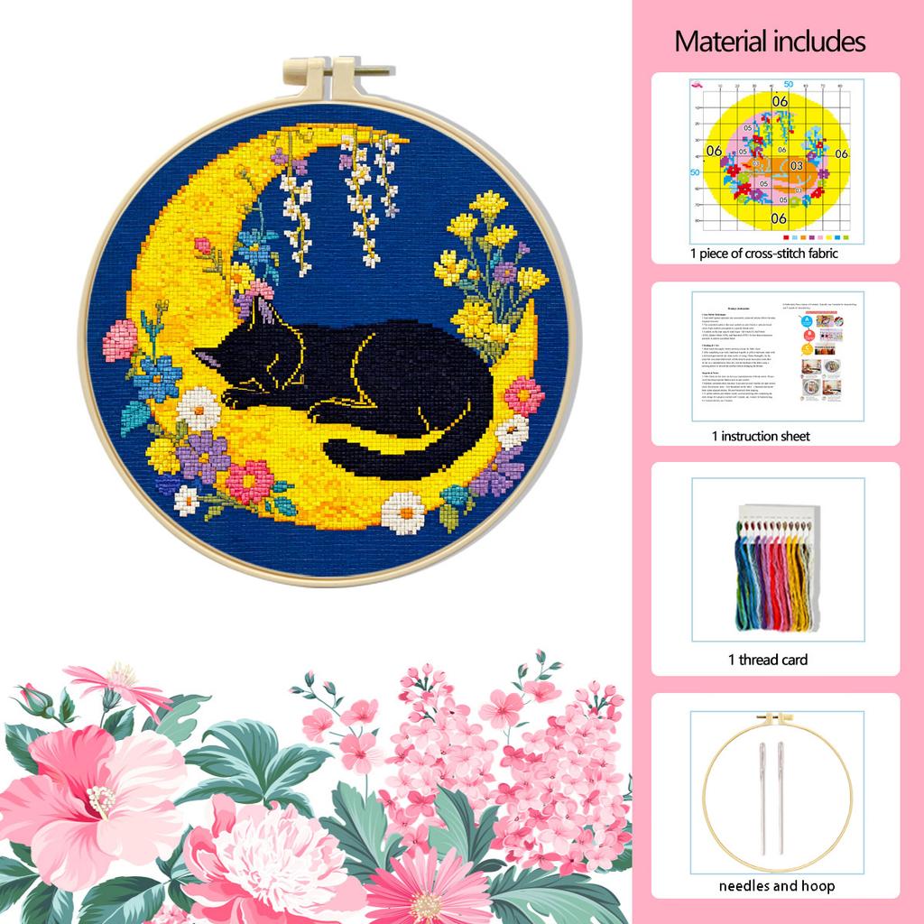 Kleines Nachtkatzen Kreuzstich-Set für Anfänger, Einfaches DIY Stickset mit Mustern