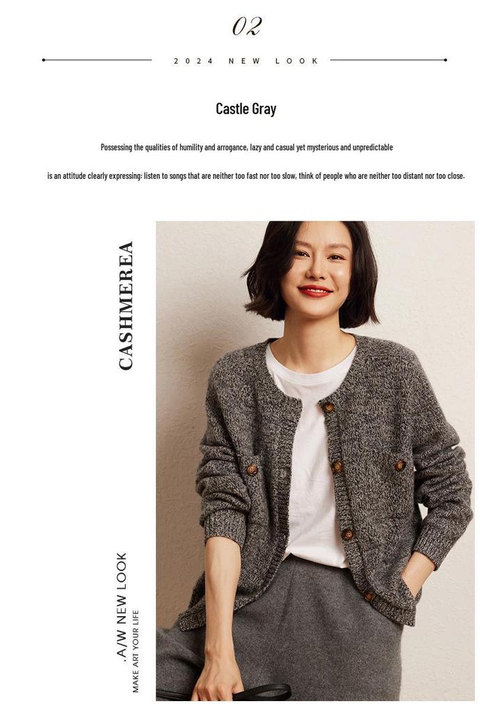 Women's Retro Floral Button-Up Cashmere Cardigan - Round Neck, Thick, Double Pocket, Slimming Knit Sweater for Autumn/Winter