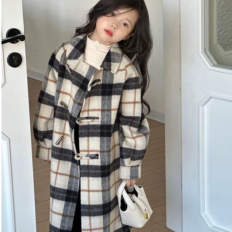 2025 Mädchen Koreanischer Stil Karierter Wollmantel - Mittellang Herbst/Winter Modetrend