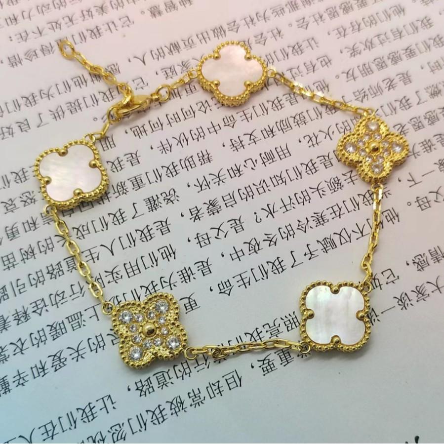 Firkløver Femblomst Armbånd Dame Rosegull Hvit Fritillaria Karp Kalsedon Svart Agat