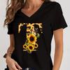 Women's V-Neck T-Shirt Sunflower Leopard Print Letter B Tee Top Floral Animal Print Initial Casual Tee A-Z 26 Alphabet Clothes