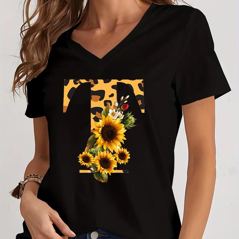 Women's V-Neck T-Shirt Sunflower Leopard Print Letter B Tee Top Floral Animal Print Initial Casual Tee A-Z 26 Alphabet Clothes