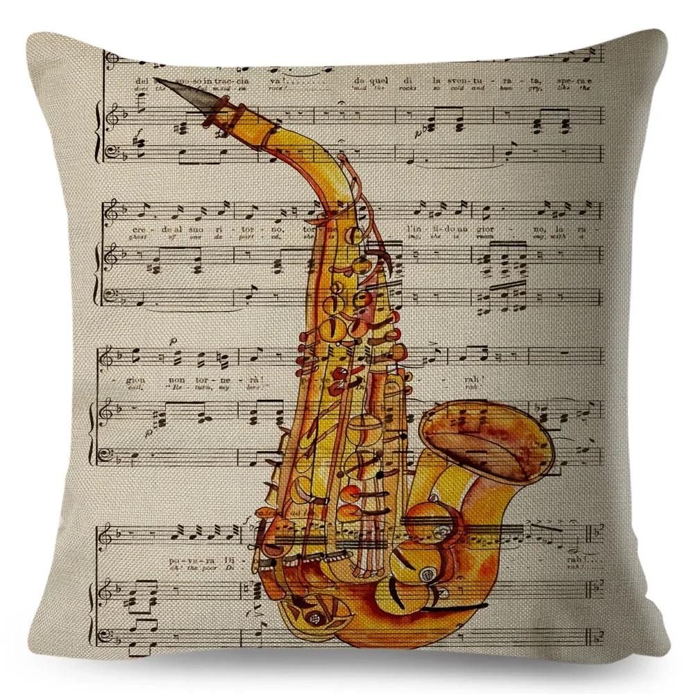 Nordic Style Music Note Pillowcase Decor Vintage Guitar Mike Printed Pillow Case for Home Sofa Polyester Cushion Cover 45x45cm