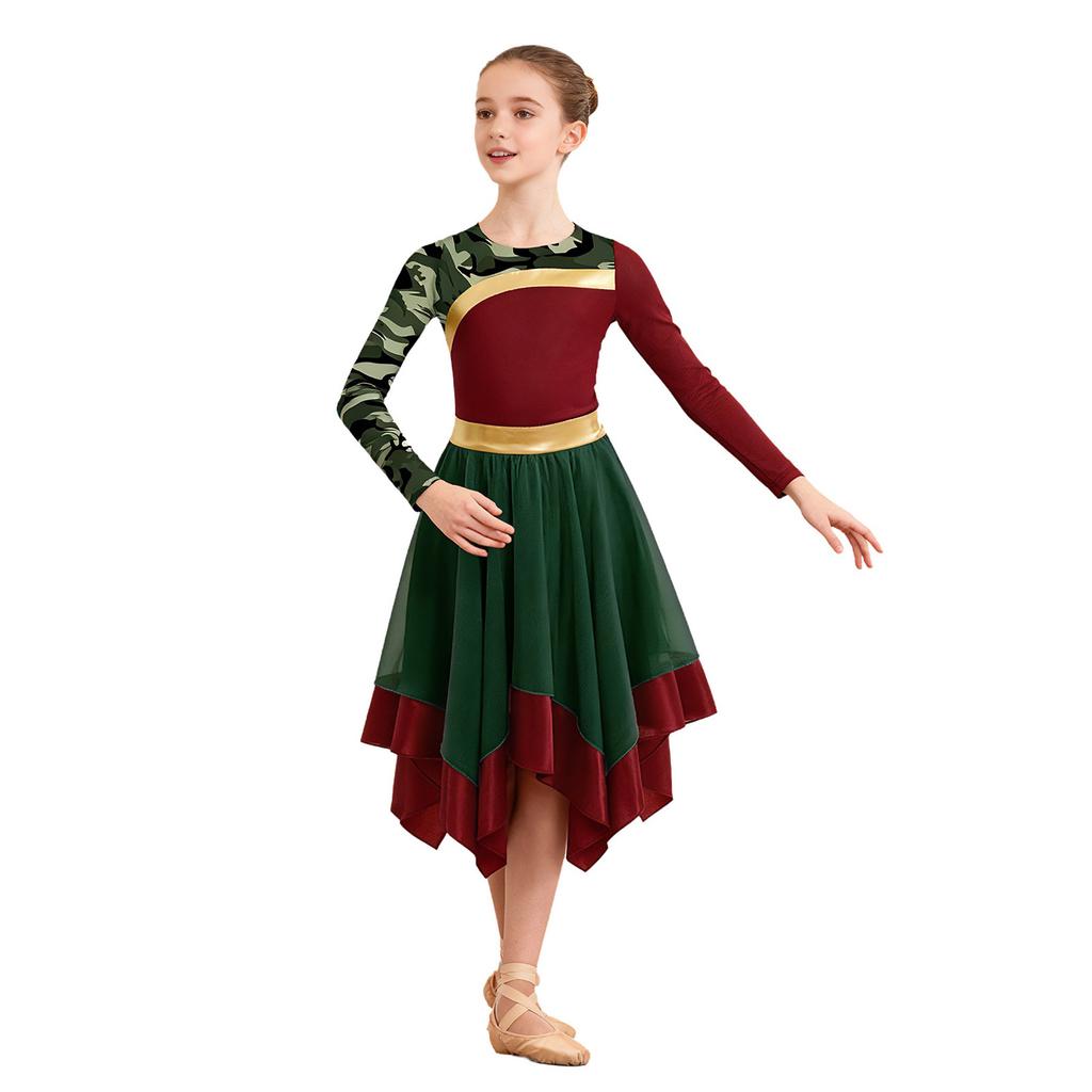 Girls Contemporary Worship Dance Dress: Long Sleeve with Invisible Zipper Back, Stylish Printed Patchwork & Color Block Irregular Hem