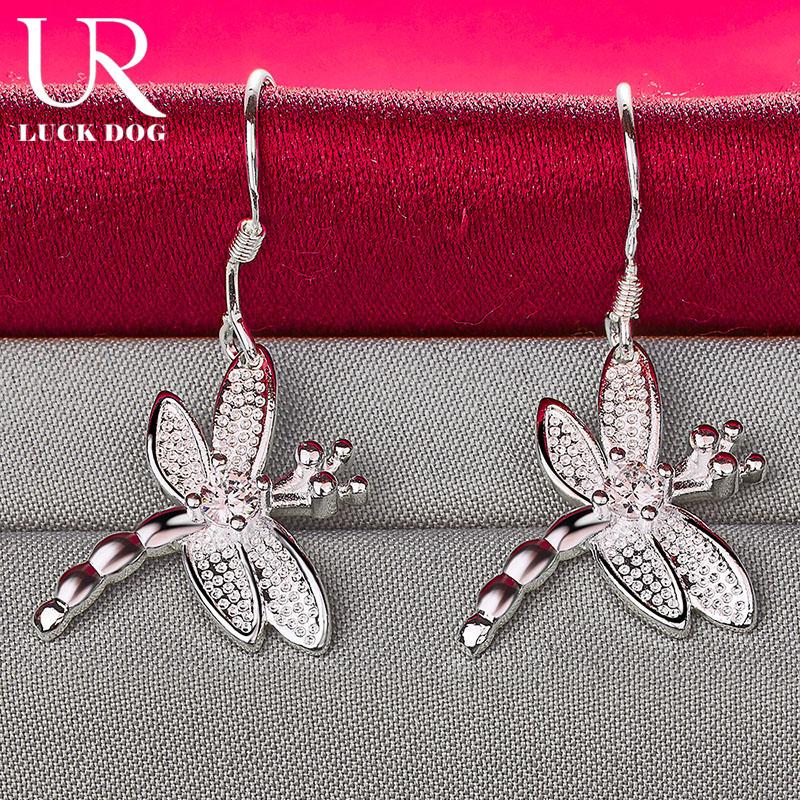 925 Sterling Silver Dragonfly AAA Rund Zirkon Hängeörhängen, Trendiga Bröllopssmycken
