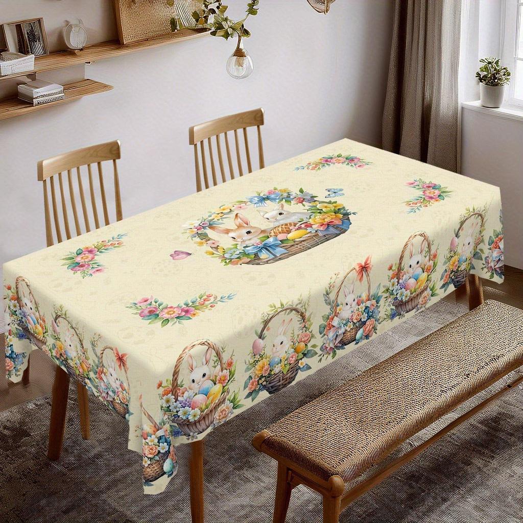 Easter Bunny Eggs Polyester Tablecloth for Table Decor Spring Watercolor Floral Plants Butterfly Table Cloth Easter Decorations