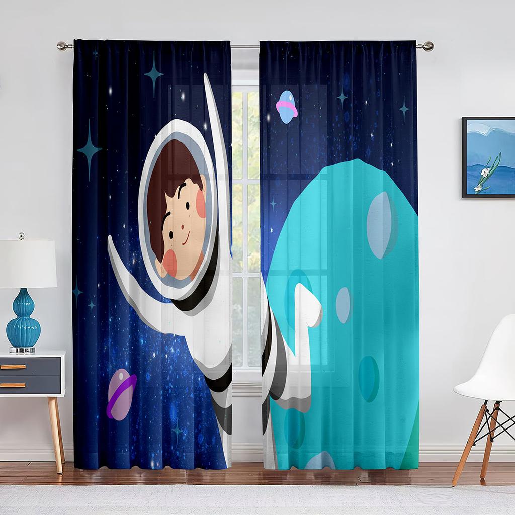 Cartoon Outer Space Astronaut Planet Sheer Voile Curtains for Living Room Bedroom Kitchen Decor Chiffon Tulle Window Curtains