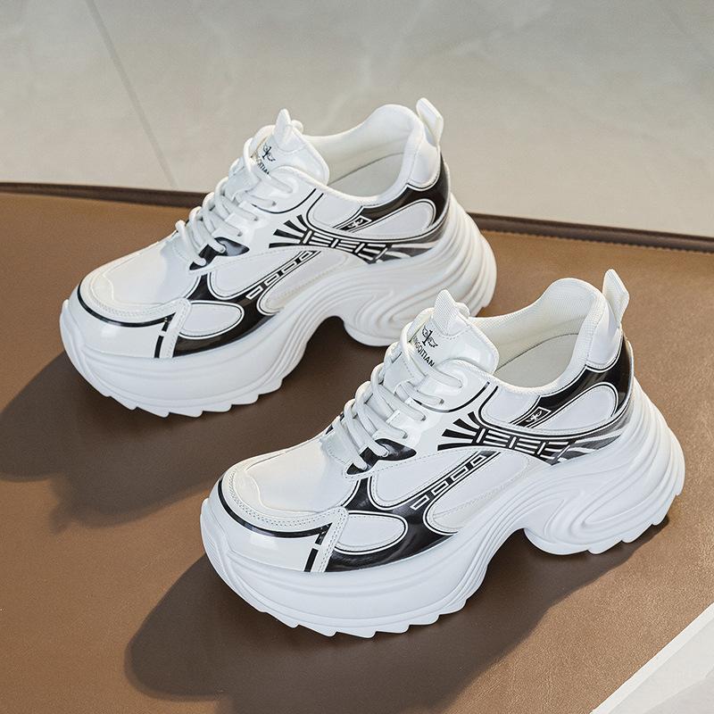 Genuine Leather Chunky Sneakers Women Flat Platform White Shoes Thick Sole 8cm Fashion Brand Ladies Sneakers