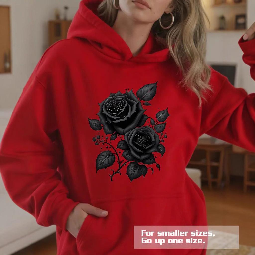 Ladies Spring Autumn Casual Hooded Long Sleeve Big Pocket Rose Flower Printed Pullover Hoodies Sweatshirt Top