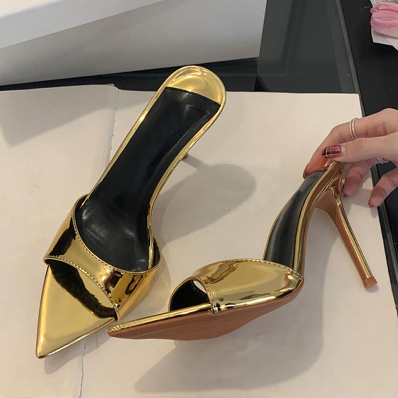 Liyke Sexy Gold High Heels Modern Slipper For Woman Elegant Pointed Toe Banquet Party Stripper Shoes Ladies Sandalias De Mujer