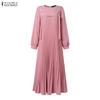 ZANZEA Women Muslim Casual Round Neck Loose Long Sleeve Pleated Long Dress