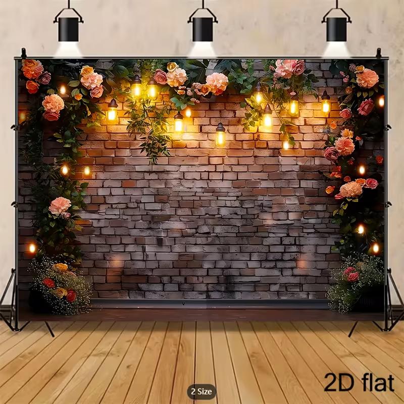 2D Vintage Brick Wall Backdrop with Flowers & Glowing Lights Party Photo Booth Background