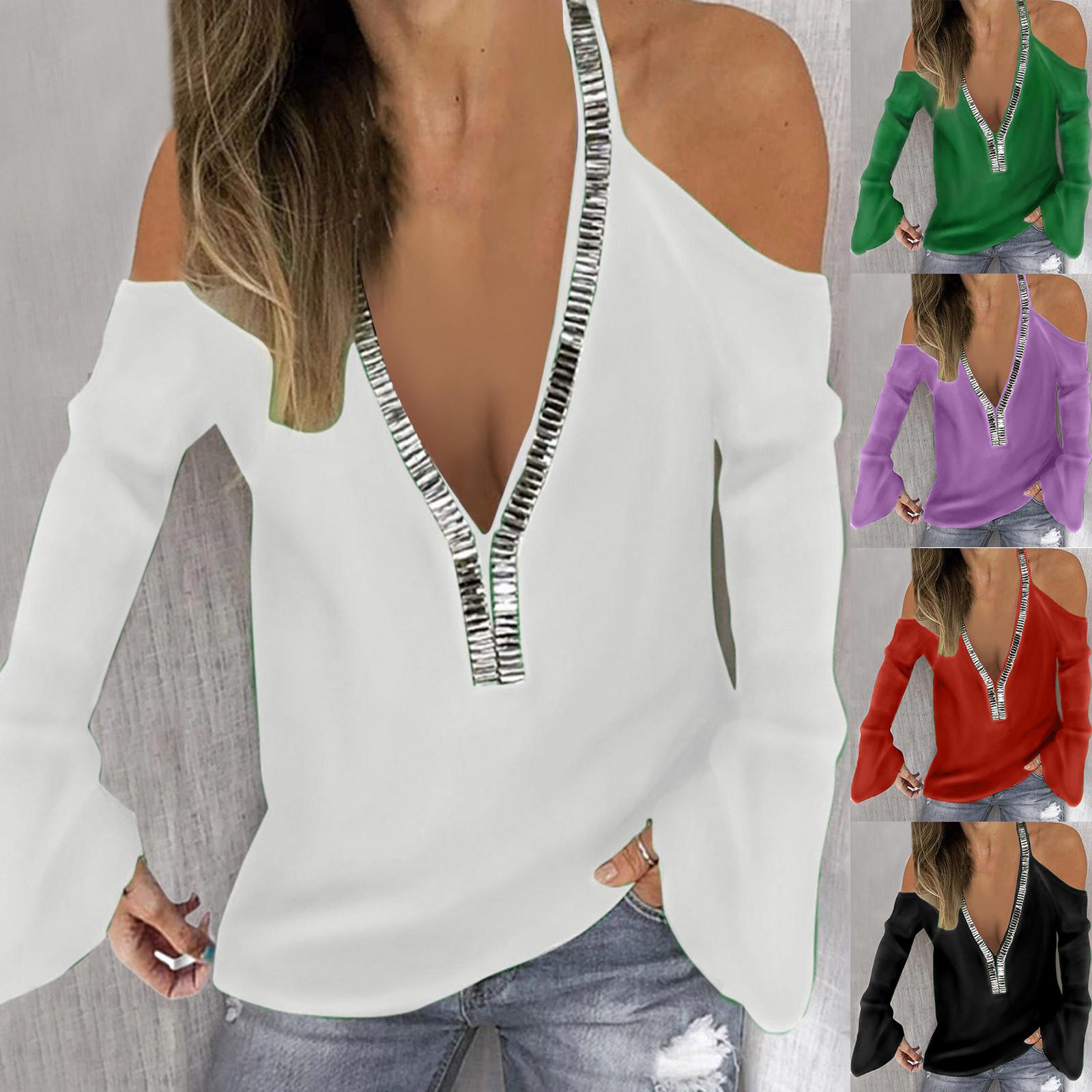 

Womens Casual V-neck Long Sleeve Off-the-shoulder T-shirt Top Blouse