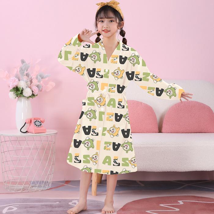 Girls' Combed Cotton Long-Sleeve Pajama Robe - Spring/Summer Bathrobe for Kids, Cute Sleepwear for Middle and Big Girls