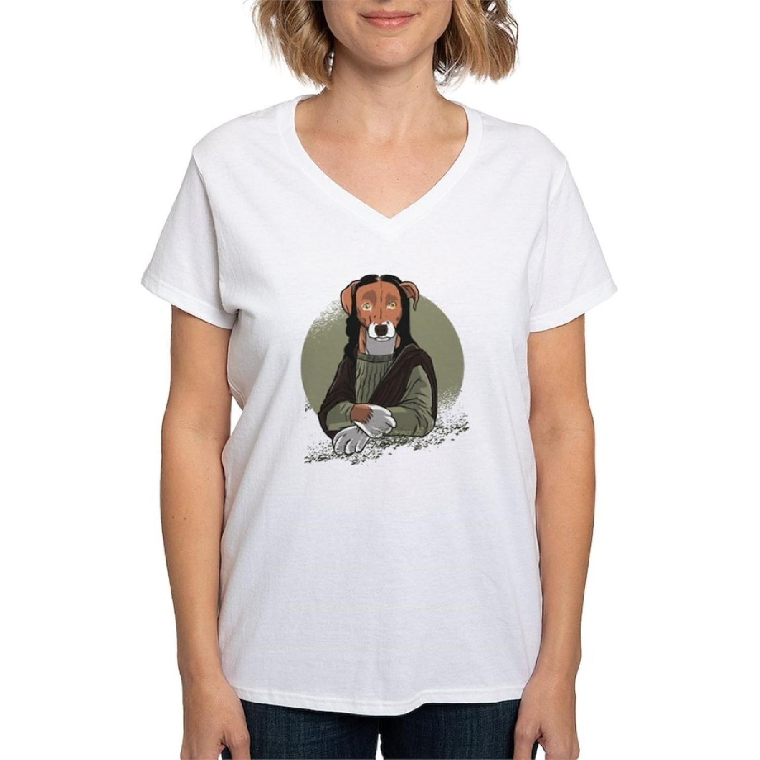 CafePress Mona Lisa Dog T Shirt Womens Cotton V-Neck T-Shirt XXXXXL белый