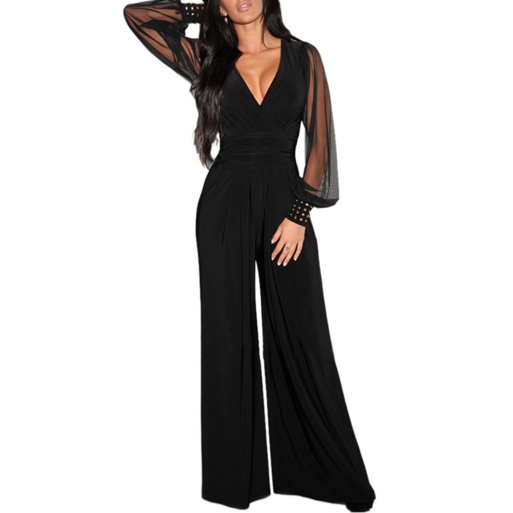 Women's V-Neck Mesh Stitching Rivet Straight-Leg Jumpsuit In Stock