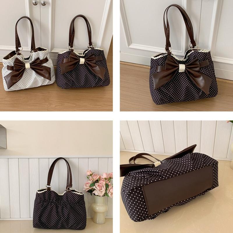 Französische Vintage Polka Dot Schultertaschen für Damen Große Kapazität Schleife Spitze Damen Achseltasche Tragbare College-Mädchen Handtasche Tote
