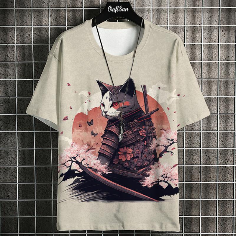 Samurai Cat T-Shirt For Men Print T-shirts Japanese Short Sleeve Tees Oversized Streetwear Casual Sweatshirt Male Clothing Tops