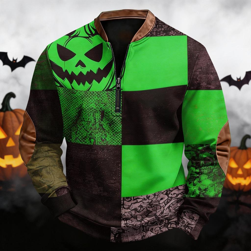 Men's Casual Retro Half Zip Long Sleeve Sweatshirt with Halloween Print