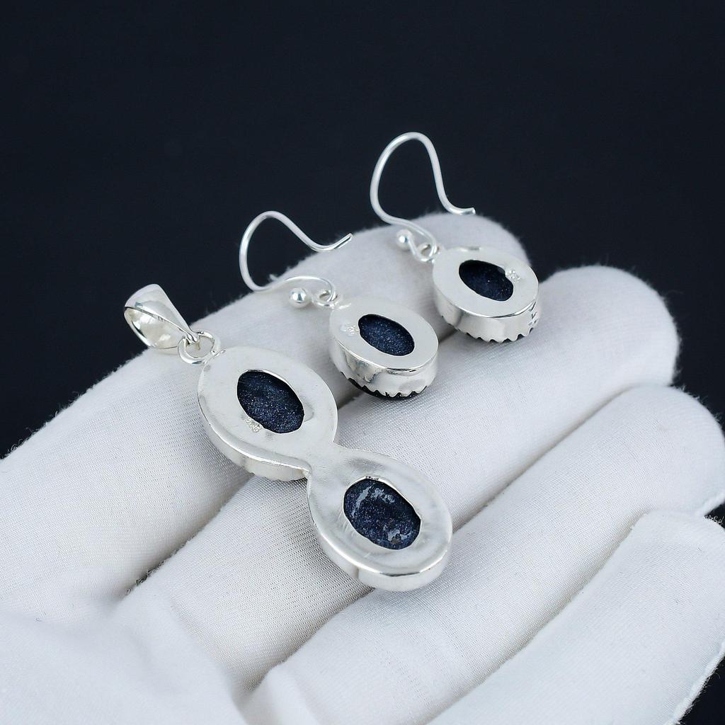 Blauer Sonnenstein Anhänger Set, Blauer Sonnenstein Edelstein Handarbeit 925 Sterling Silber Ohrring Anhänger Set für Frauen Anhänger Watte Geschenk