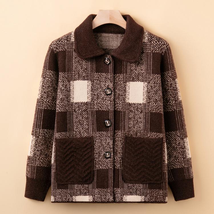 Mom Dress Stylish Lapel Knitted Jacket for Women In Spring and Autumn New Loose Plaid Cardigan Grandma Thick Top