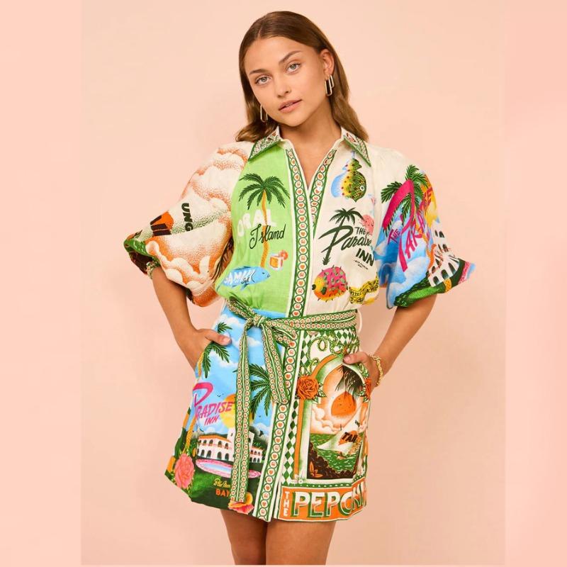 Uformelle Kjoler med Lange Ermer Plante- og Blomsterprint Nedfelt Krage Kjole Mote for Kvinner Høy Midje Kjole Knapper Skjorte Knytekjole Strandkjole