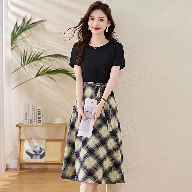 Women Patchwork Plaid Waist Tie Dress Short Sleeve Round Neck A-Line Midi Dress L чёрный