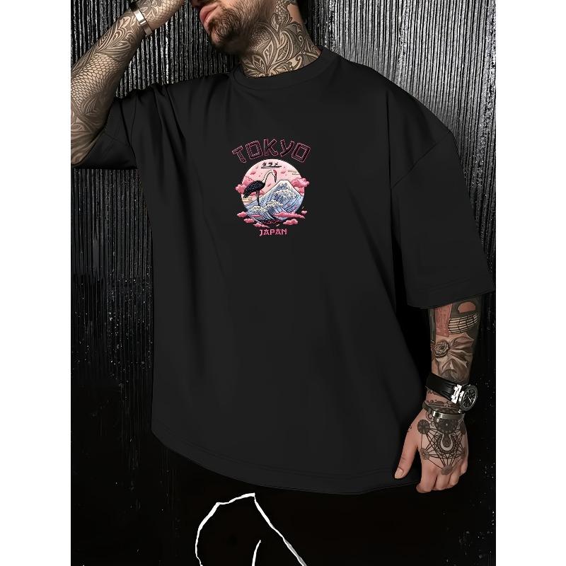 European Sizes Japanese-Style Crane Print T-Shirt with Embroidered Effect, Trendy Street Fashion, Breathable And Comfortable
