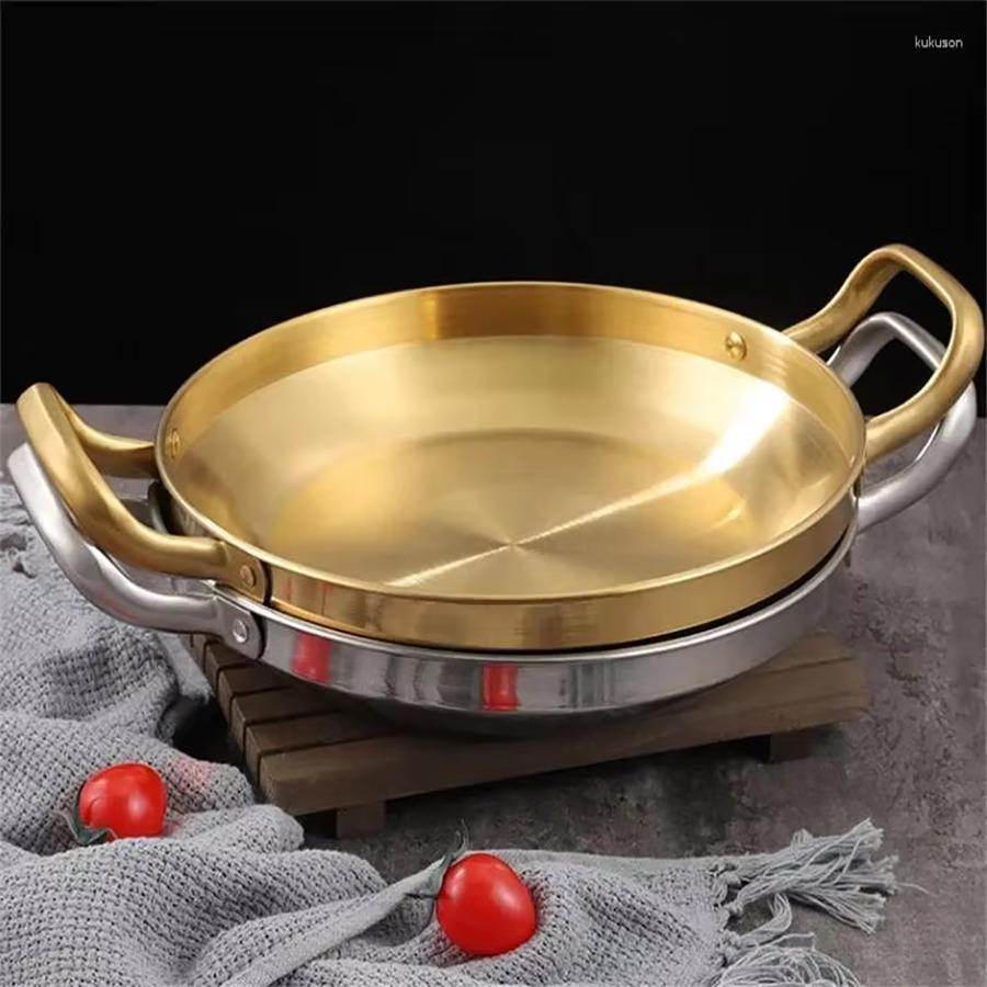 Handle Frying Pan Stainless Steel Paella Pan with Gold Handle Cooking Pot Seafood Rice Pans Non Stick  Skillet Kitchen Cookware