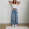 Women's Low Rise Wide Leg Jeans Loose Fit Floral Flower Print Non Stretch Long Denim Trousers