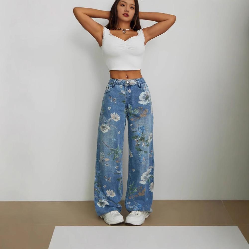 Women's Low Rise Wide Leg Jeans Loose Fit Floral Flower Print Non Stretch Long Denim Trousers