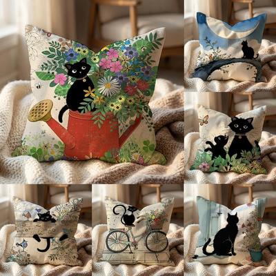 Cartoon Little Black Cat Cushion Cover Multi-Scene Pillow Cover for Home & Car - Reversible, Soft & Durable for Daily Use