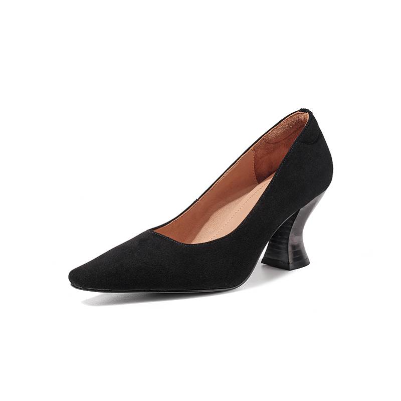 

Krazing Pot Cow Skin Pointed Toe Thick High Heels Summer Shoes Big Size 41 Women Shallow Pumps 41