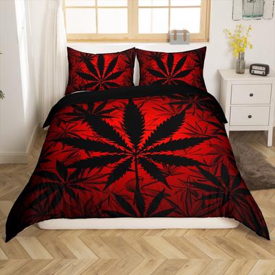 Capa de Edredom Três Peças Folha de Cânhamo Vermelho Estampa Digital 3D Conjunto de Cama Capa de Cama
