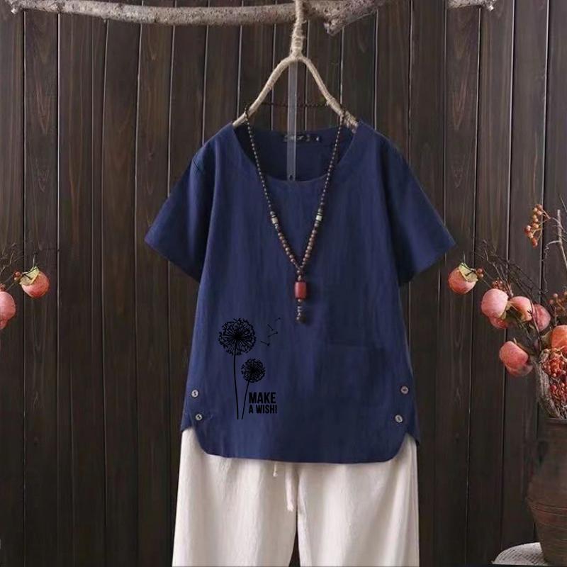 Nordic Style Dandelion Print V-neck Cotton Hemp T-shirt for Women - 2025 Summer Relaxed Fit