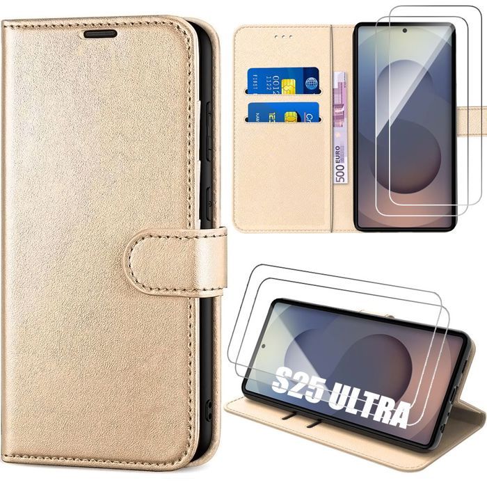Coque de protection - BOOLING - pour Samsung Galaxy S25 Ultra - Effet Cuir Doré - 2 Verres Trempés - Antichoc