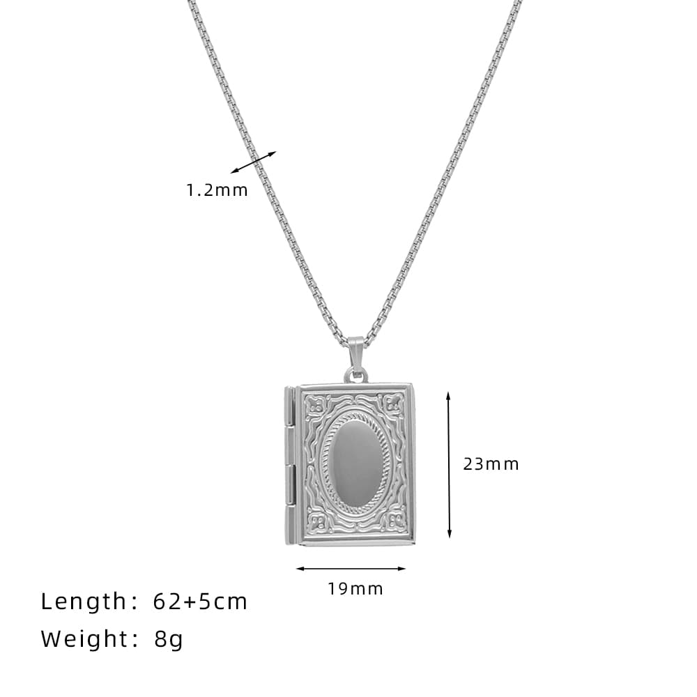 Openable Book Locket Necklace Stainless Steel Jewelry Personalized Picture Holder Photo Frame Pendant Necklace for Women Gifts 62+5 cm&VXL783