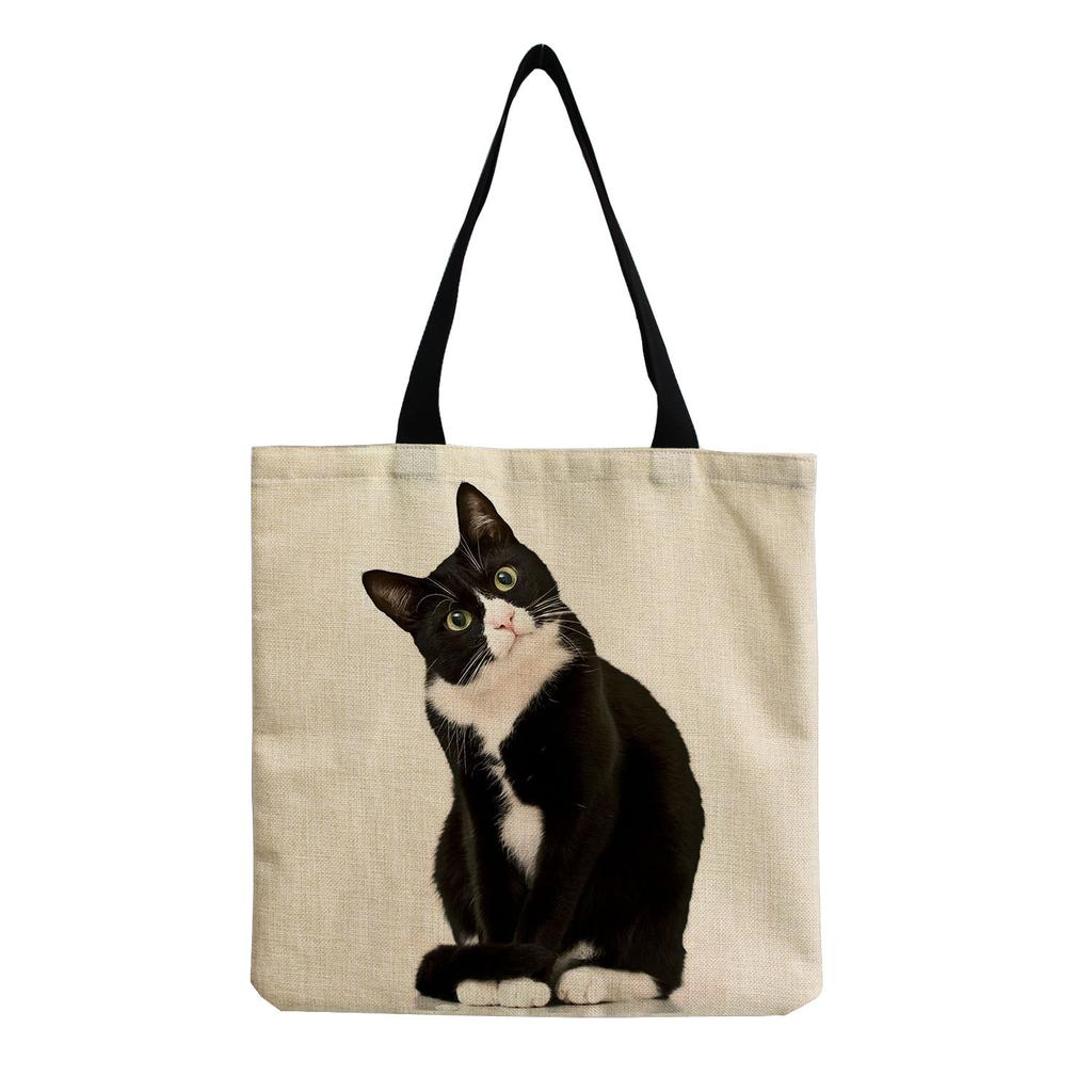 Women Vintage Linen Tote Bag - Large Capacity Cat Print Shoulder Handbag for Casual & Grocery Shopping KTB
