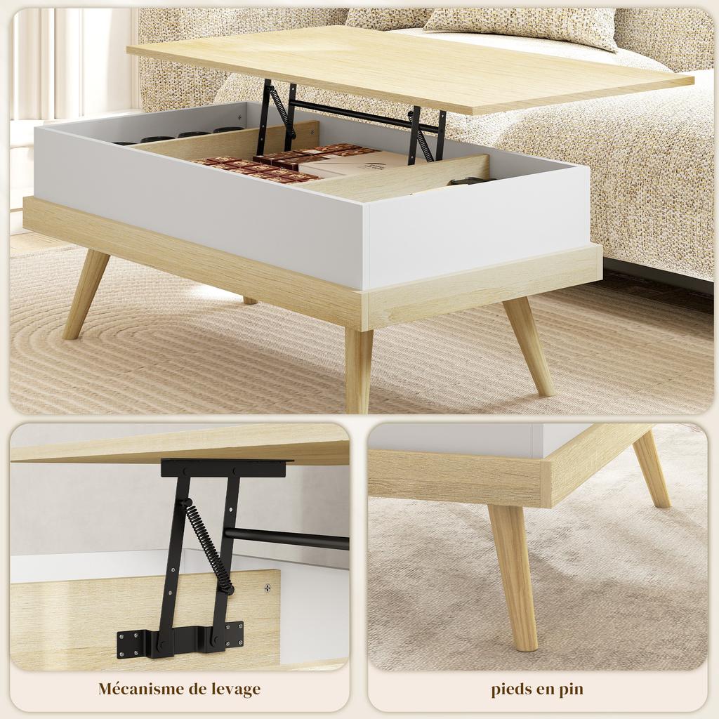 Lift-Top Coffee Table, 3 Hidden Compartments, Wooden Legs, 100 x 79 x 54 cm, Natural White