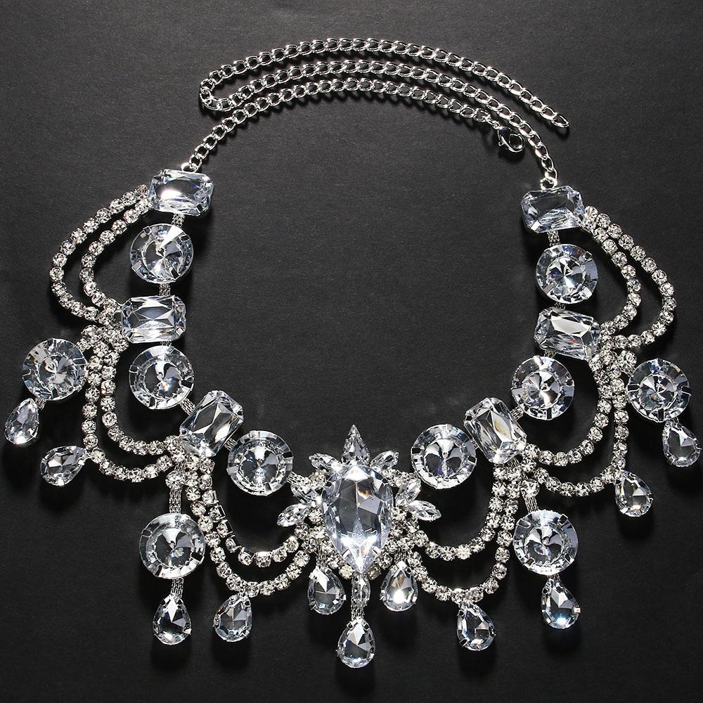 

Water Drop Fringed Necklace Personality Exaggerated Rhinestone Collarbone Chain Banquet Accessories Female Necklace silver plated