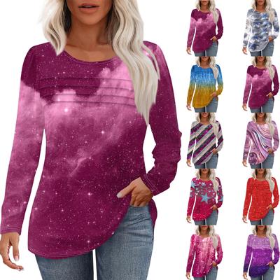 Top de damă cu mânecă lungă, cu guler rotund și imprimeu lejer, casual, la modă