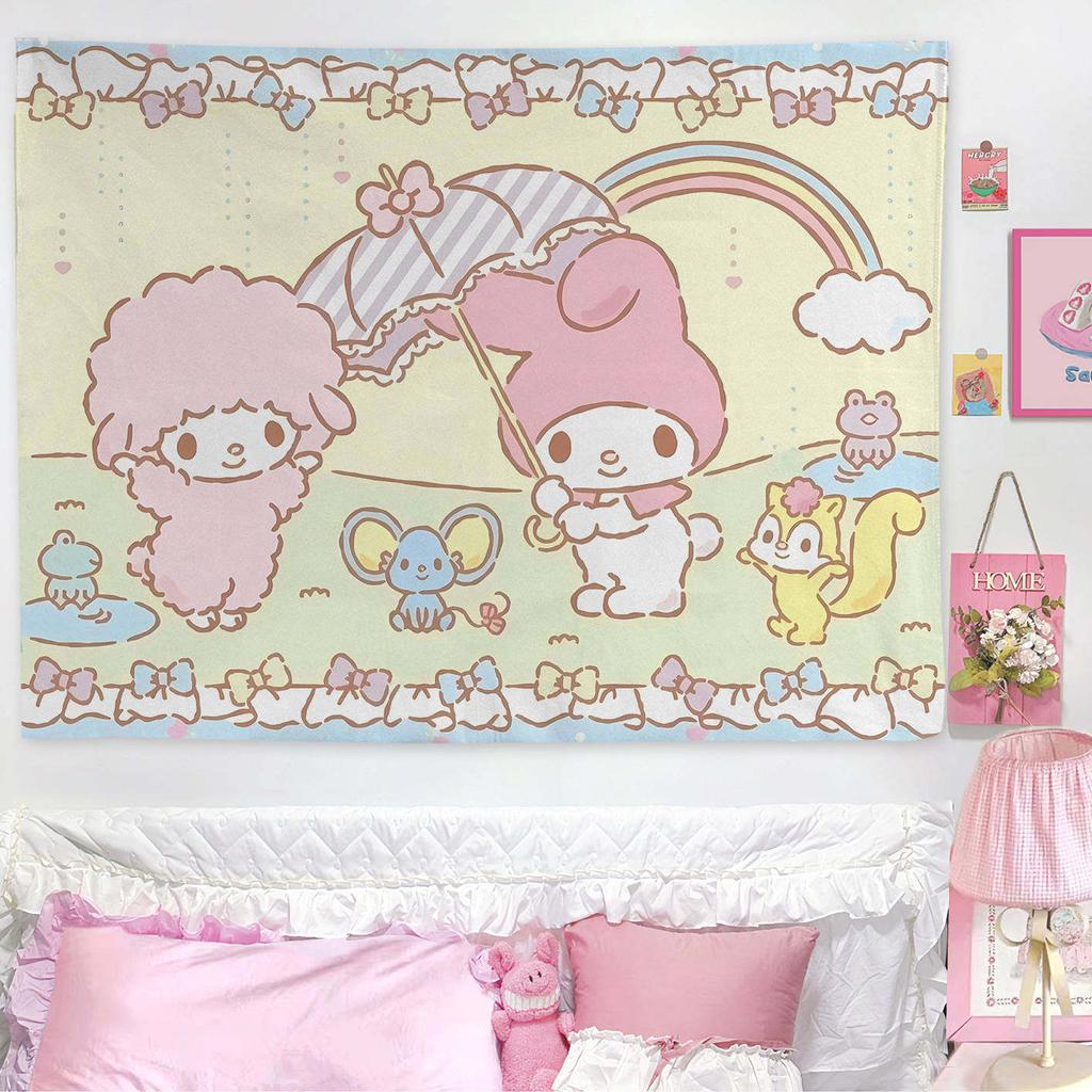 My Melody Sweet Bedroom Tapestry Cute Pastel Cartoon Wall Hanging Soft Polyester Print for Girls Bedroom Dorm Decor Kawaii