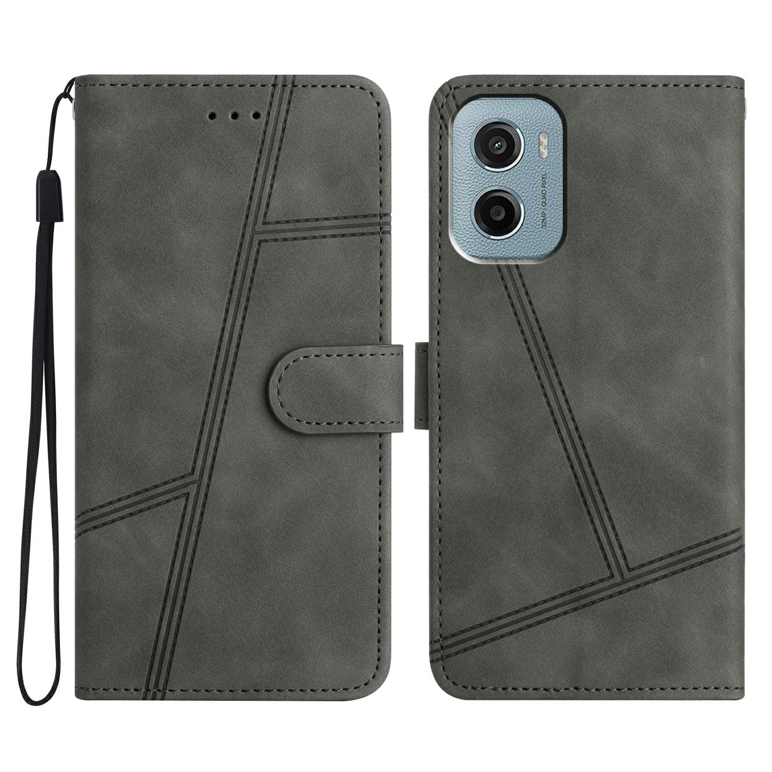 

For Motorola Moto E15 4G/G05 4G Case Flip Leather Retro Phone Cover Lines Imprinted Grey